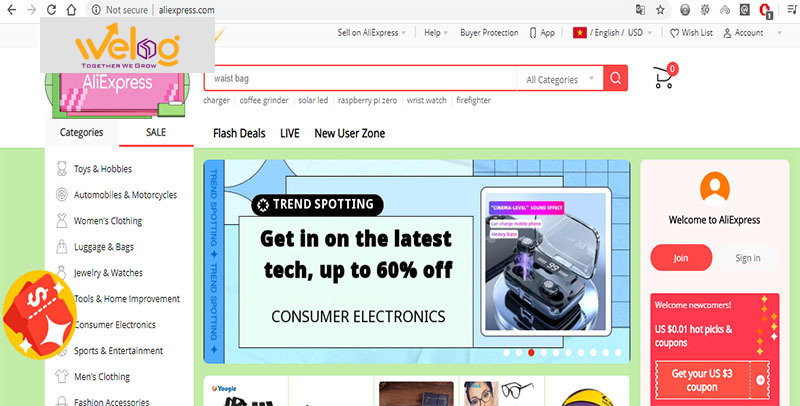 Giao diện thuần tiếng Anh của AliExpress
