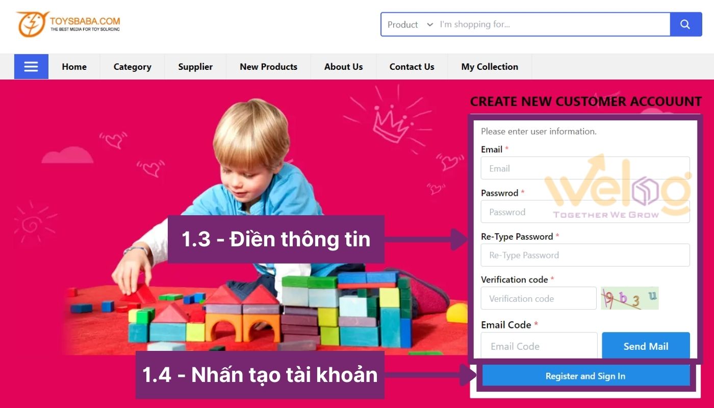 Viết thông tin và chọn đăng ký để tạo tài khoản Toybaba