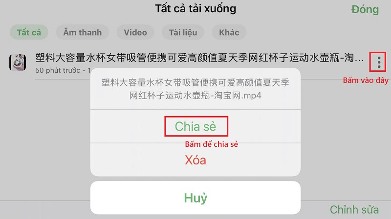 Nhấp vào 3 chấm tại video muốn lưu về sau đó bấm chia sẻ