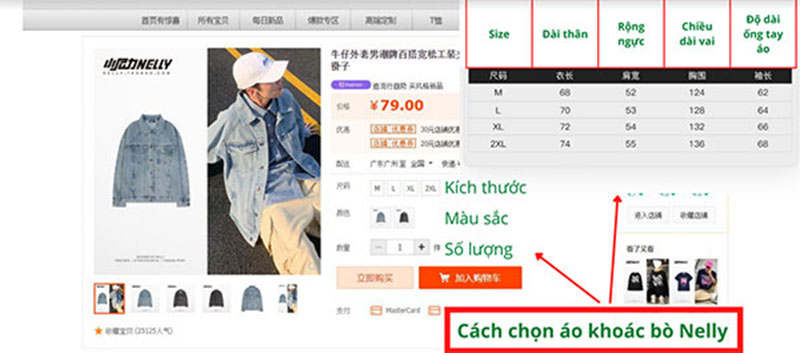 Bảng size áo khoác Nelly Taobao nam