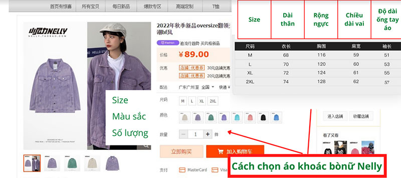 Bảng size áo khoác nữ Nelly Taobao