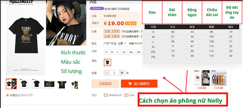 Bảng size áo phông nữ Nelly Taobao