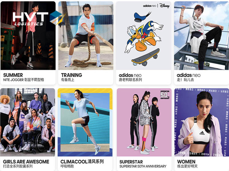 Các mặt hàng Adidas đang được bày bán tại shop ở Trung Quốc