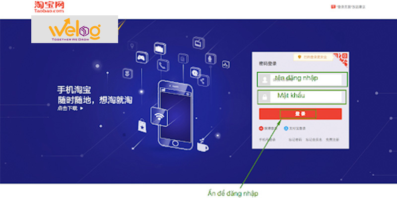 Màn hình phần đăng nhập của taobao