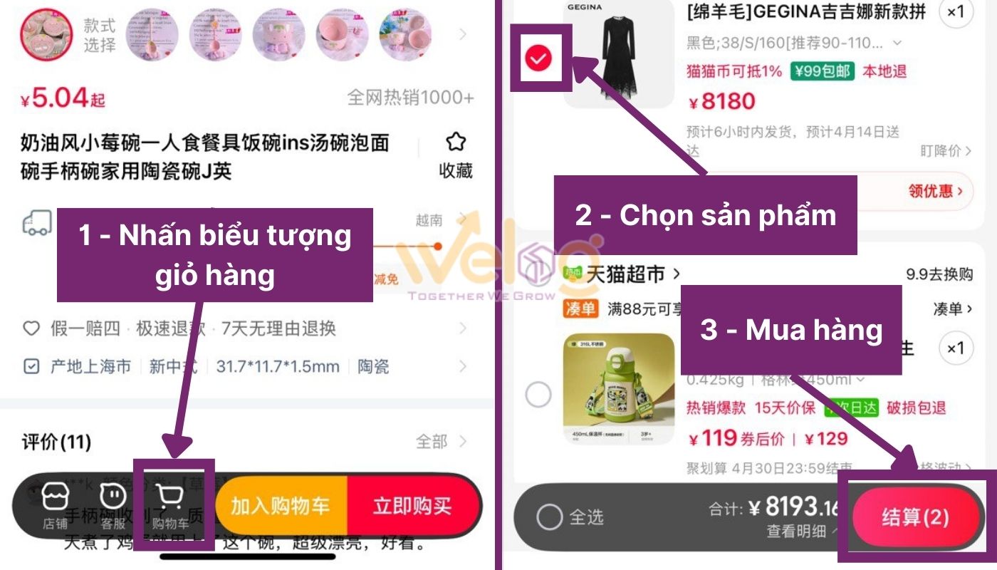 Click chọn sản phẩm và nhấn mua hàng 结算
