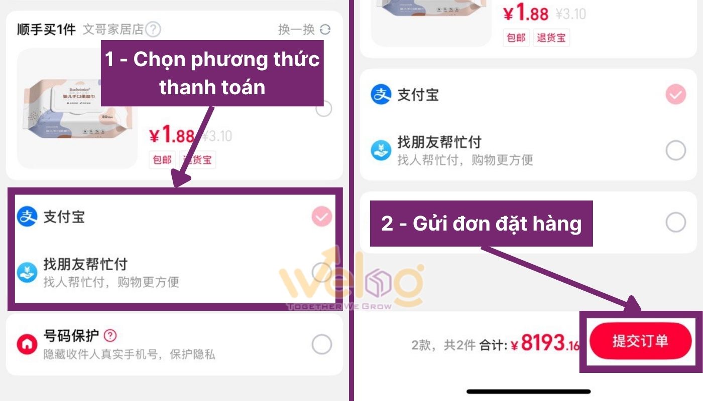 Chọn thanh toán và Gửi đơn đặt hàng
