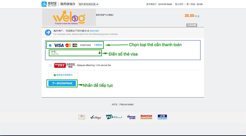Thanh toán đơn hàng Tmall bằng thẻ visa