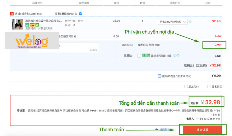 Phí vận chuyển nội địa hiện ra ở phần thanh toán
