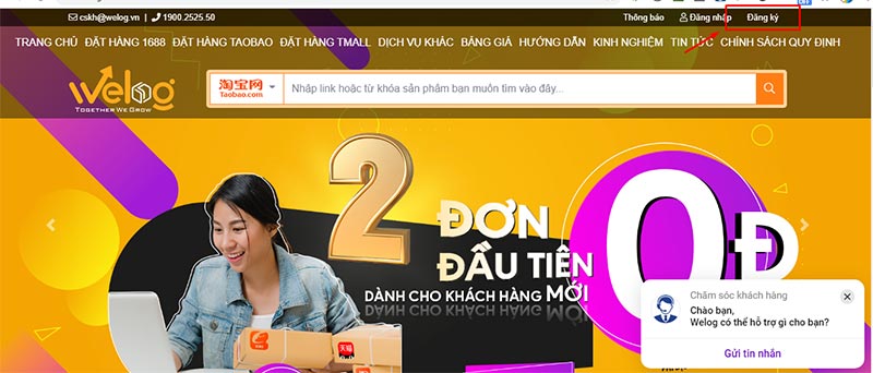 Click chọn đăng ký ở góc phải để tạo tài khoản đặt hàng trên welog
