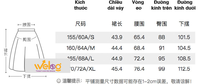 Dịch bảng size chân váy Trung Quốc