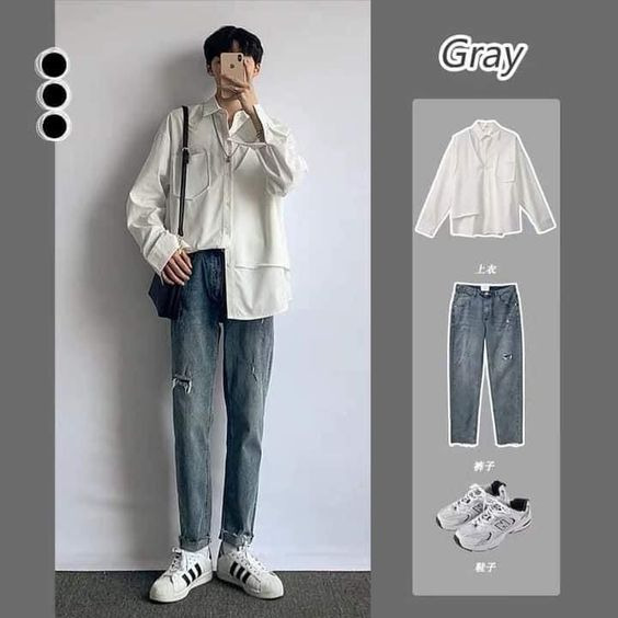 Set đồ gồm 2 món đơn giản là áo sơ mi cùng quần bò