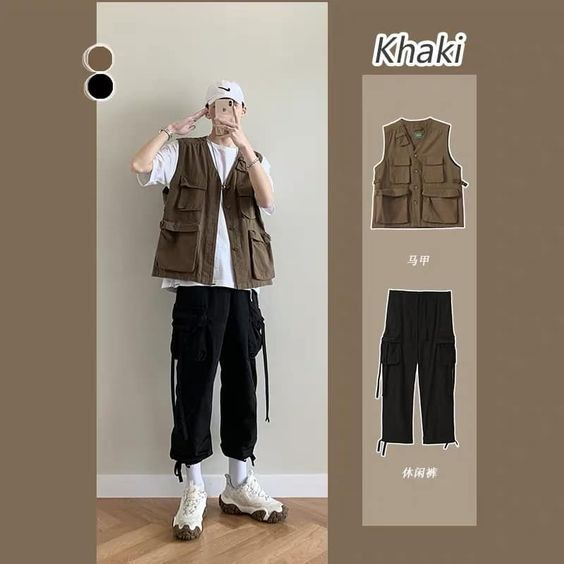Áo phông - áo khoác kaki và quần jogger đen cũng là gợi ý không tồi