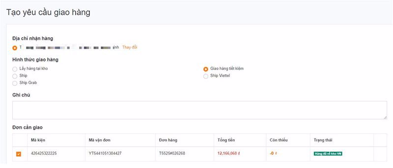 Điến thông tin giao hàng và lựa chọn hình thức giao hàng