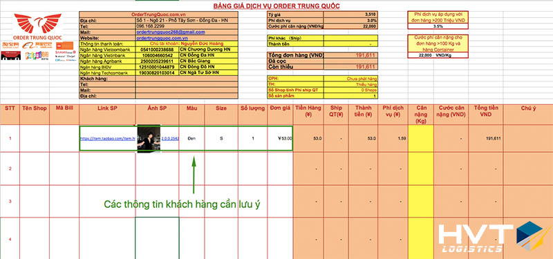 Mẫu đơn đặt hàng Taobao