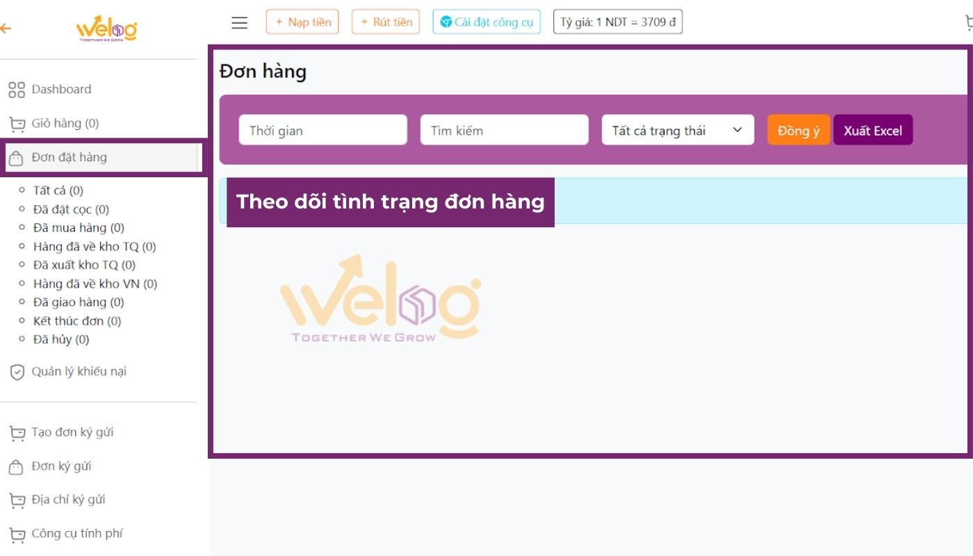 Theo dõi tình trạng đơn mua hộ hàng hóa Alibaba trên website của WeLog
