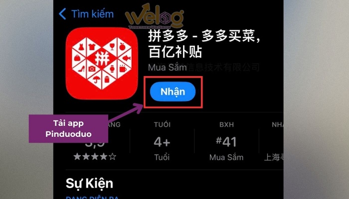 Ấn nút “Nhận” để tải app Pinduoduo trên Appstore