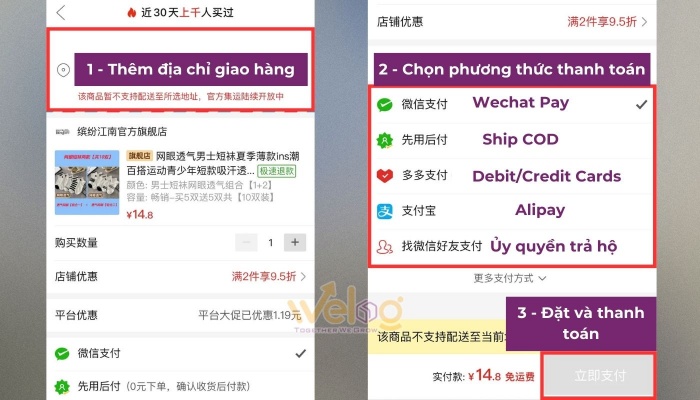Chọn phương thức thanh toán, thêm địa chỉ và đặt hàng