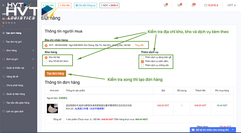 Chọn địa chỉ gửi hàng, địa chỉ kho và các dịch vụ kèm thêm