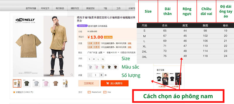 Bảng size áo phông Nelly Taobao nam