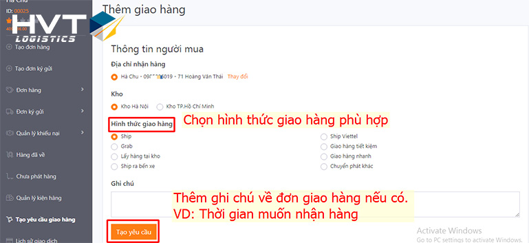 Tạo yêu cầu giao hàng