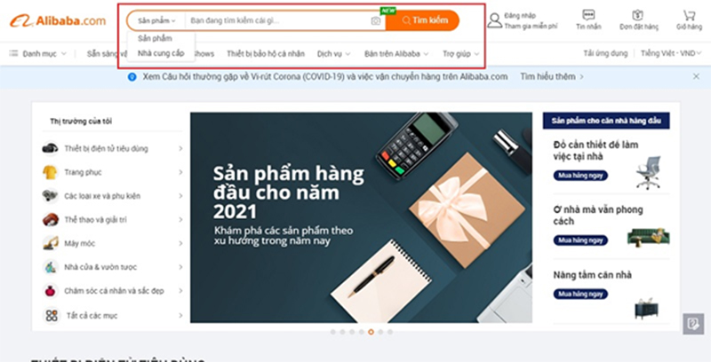 Tìm nhà cung cấp Alibaba thông qua từ khóa