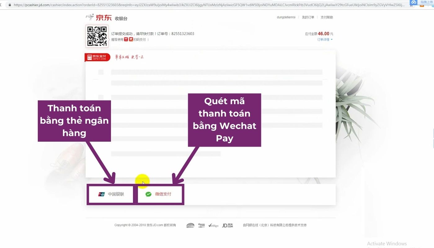 Chọn thanh toán bằng thẻ ngân hàng hoặc ví điện tử để thanh toán đơn order JD
